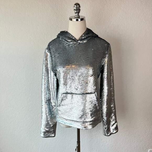 RTA Sequin Hoodie Jacket Silk Lined Kanagroo Pocket size XS Silver - Picture 1 of 16